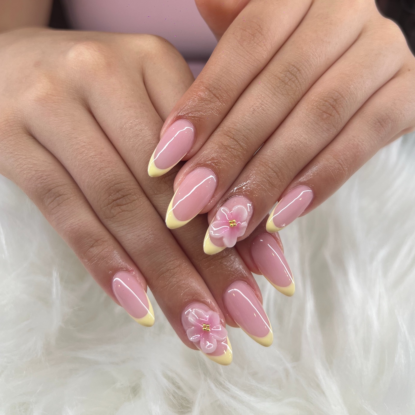 Yellow French tip with 3D flower